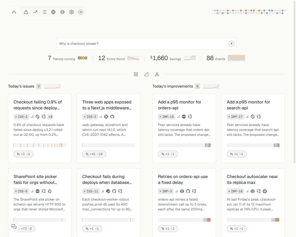 Antimetal desktop app with running patrols, production issues, and suggested improvements.